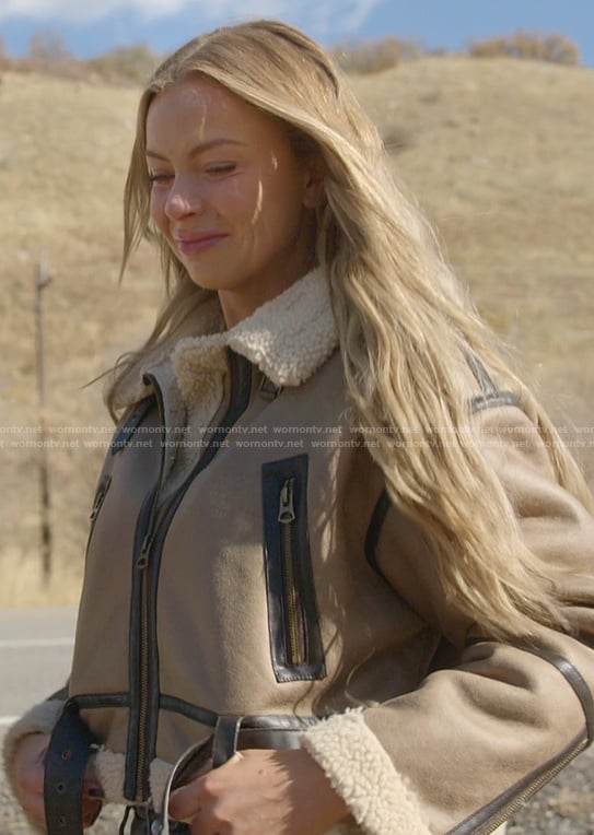 Mayci’s suede shearling jacket on The Secret Lives of Mormon Wives