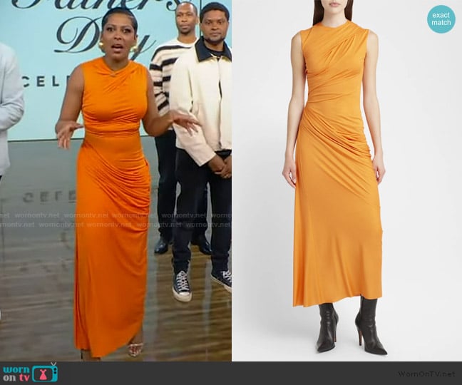 McQueen Sleeveless Draped Silk Jersey Midi Dress worn by Tamron Hall on Tamron Hall Show