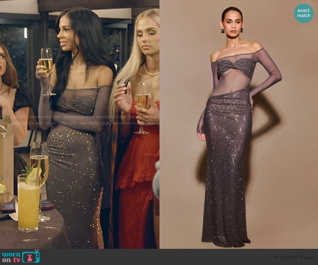 Meshki Nash Diamante Off Shoulder Maxi Dress worn by Layla Taylor on The Secret Lives of Mormon Wives