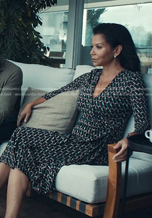 Michelle’s black print wrap dress on The Better Sister