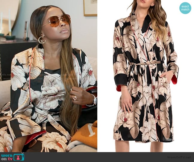Midnight Bakery Printed Satin Wrap Robe worn by Phaedra Parks on The Real Housewives of Atlanta