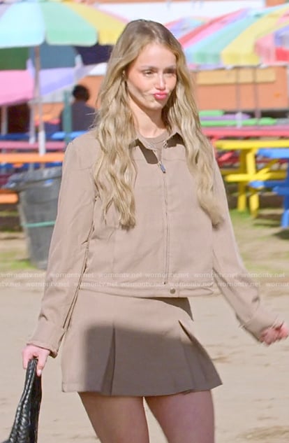 Mikayla's brown jacket and mini skirt on The Secret Lives of Mormon Wives