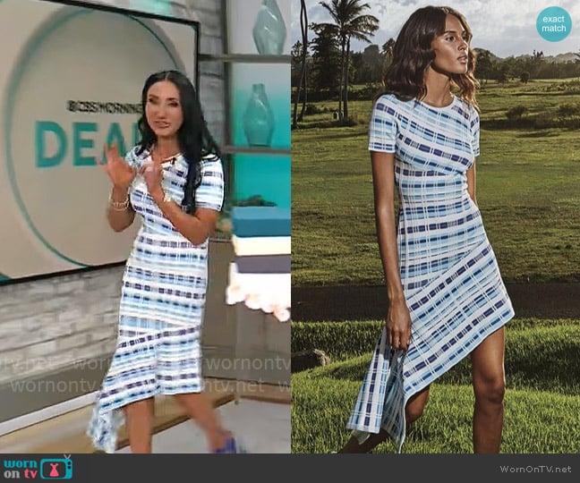 Milly Directional Plaid Asymmetrical Knit Dress worn by Elizabeth Werner on CBS Mornings