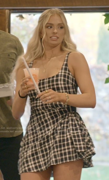 Miranda's black plaid belted mini dress on The Secret Lives of Mormon Wives