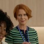Miranda’s green stripe short sleeve sweater on And Just Like That
