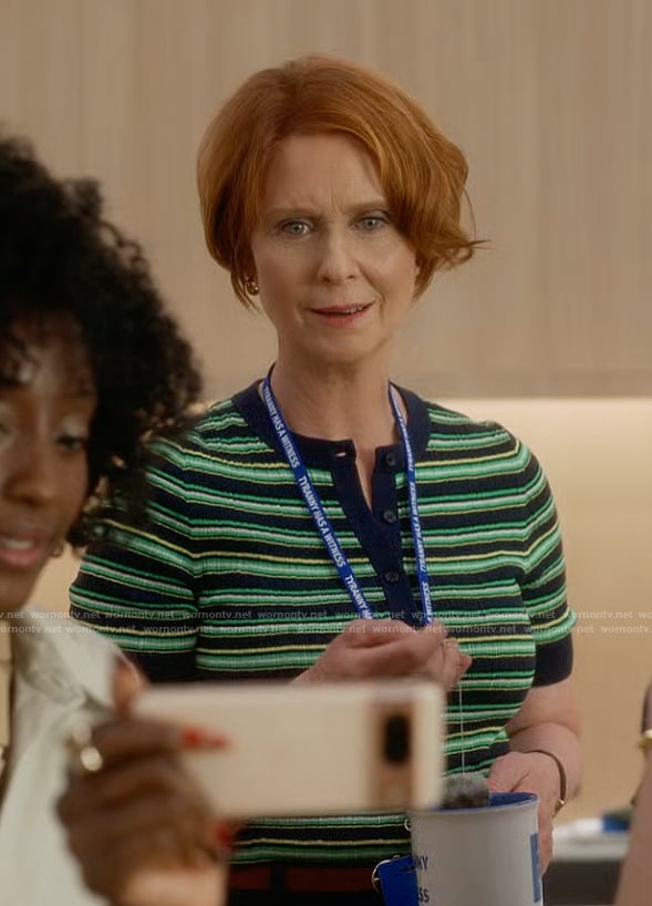 Miranda's green stripe short sleeve sweater on And Just Like That