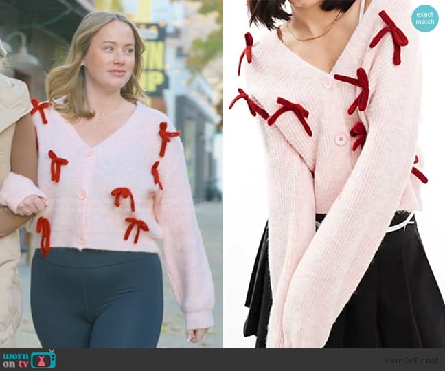 Miss Selfridge Bow detail cardigan in soft pink worn by Whitney Leavitt on The Secret Lives of Mormon Wives