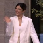 Monica Barbaro’s white oversized blazer and shorts on Live with Kelly and Mark