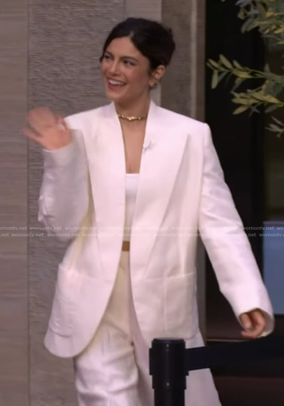 Monica Barbaro’s white oversized blazer and shorts on Live with Kelly and Mark