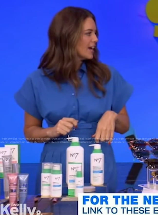 Monica Mangin’s blue belted jumpsuit on Live with Kelly and Mark