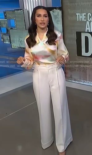 Morgan’s watercolor blouse and white wide-leg pants on NBC News Daily