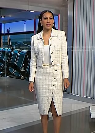 Morgan’s white windowpane tweed jacket and skirt on NBC News Daily