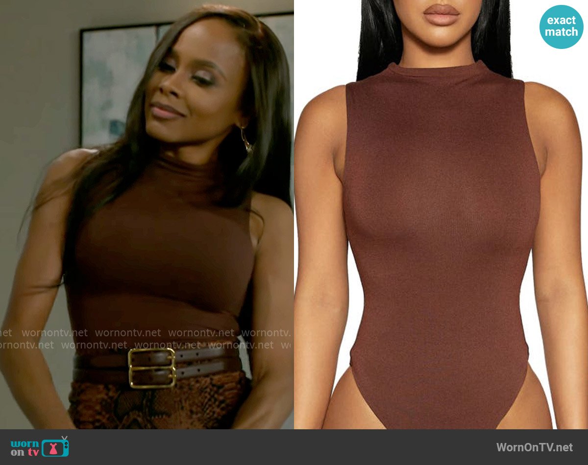 Naked Wardrobe The NW Sleeveless Bodysuit in Chocolate worn by Hayley Lawson (Marquita Goings) on Beyond the Gates