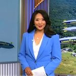 Nancy Chen’s blue blazer and wide-leg pants on CBS Evening News