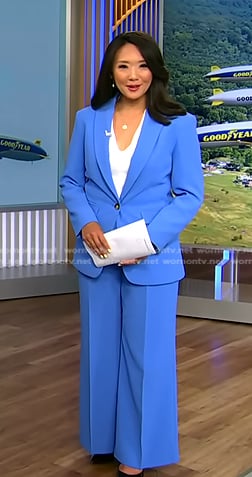 Nancy Chen’s blue blazer and wide-leg pants on CBS Evening News