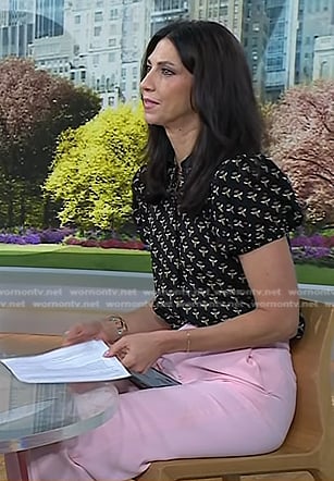 Natalie’s black bee print top and pink flare pants on Today