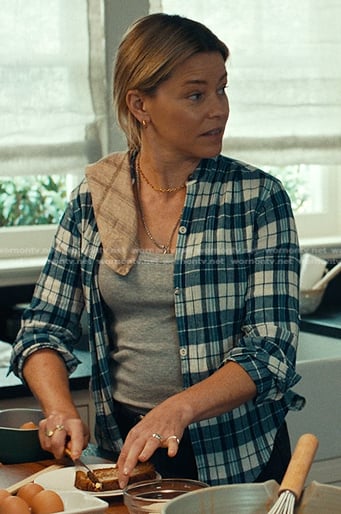 Nicky's blue plaid band collar shirt on The Better Sister