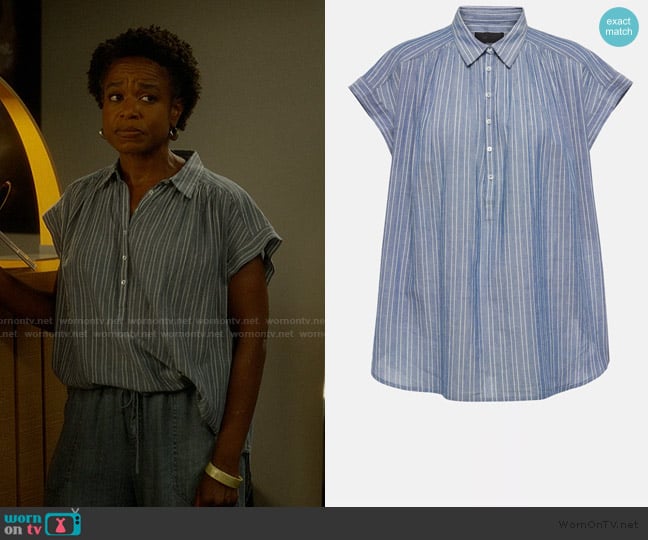 Grace’s blue striped top on And Just Like That