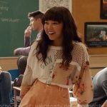 Norah’s patchwork top and orange denim skirt on Ginny & Georgia
