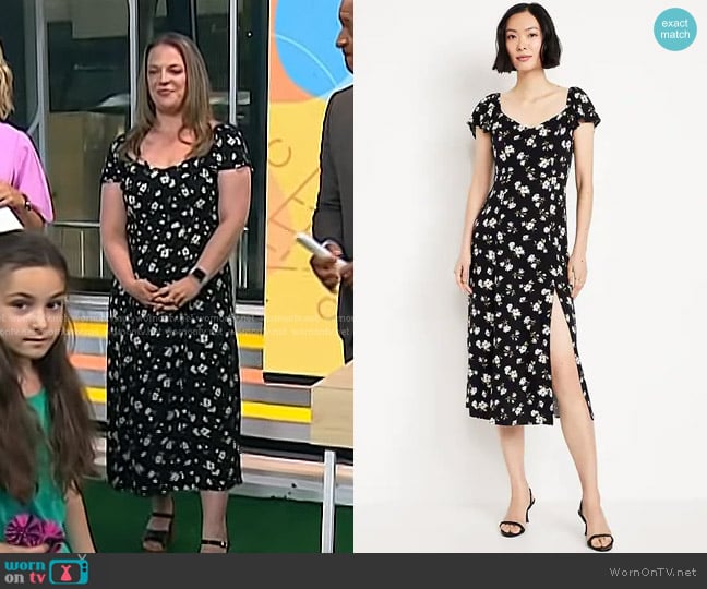 Old Navy Flutter-Sleeve Crepe Midi Dress in black and white floral worn by Ali Mierzejewski on Today