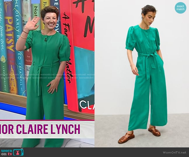 Oliver Bonas Puff Sleeve Tie Waist Wide Leg Jumpsuit in Green worn by Claire Lynch on Today