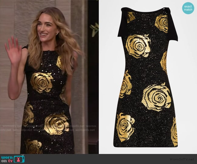 Oscar de la Renta Foil Rose Tie Sleeveless Paillette Knit Mini Dress worn by Brianne Howey on Live with Kelly and Mark