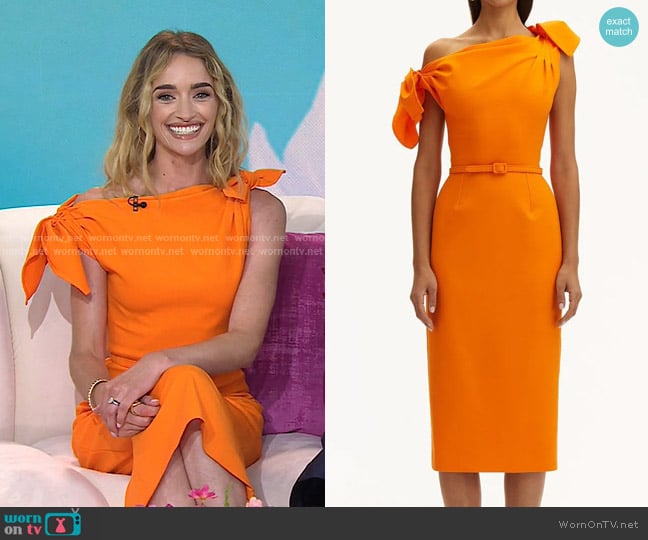 Oscar de la Renta One Shoulder Sheath Dress in Clementine worn by Brianne Howey on Today