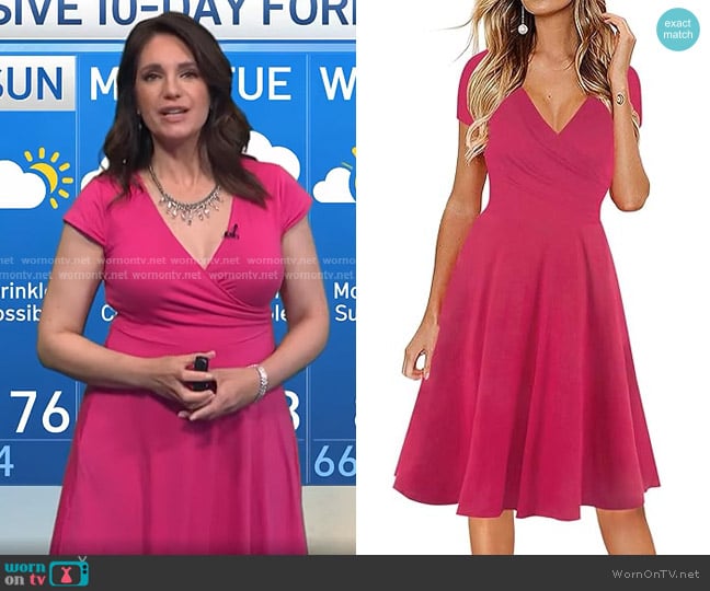 oxiuly at Amazon Criss-Cross V-Neck Dress in Rose Red worn by Maria Larosa on Today