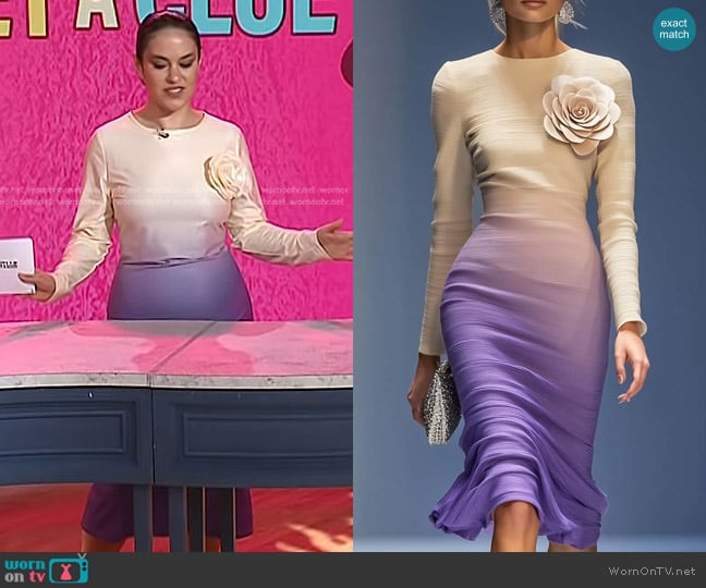 Oyrosy Elegant Three-dimensional Floral Decoration Midi Dress in Beige and Purple worn by Donna Farizan on Today