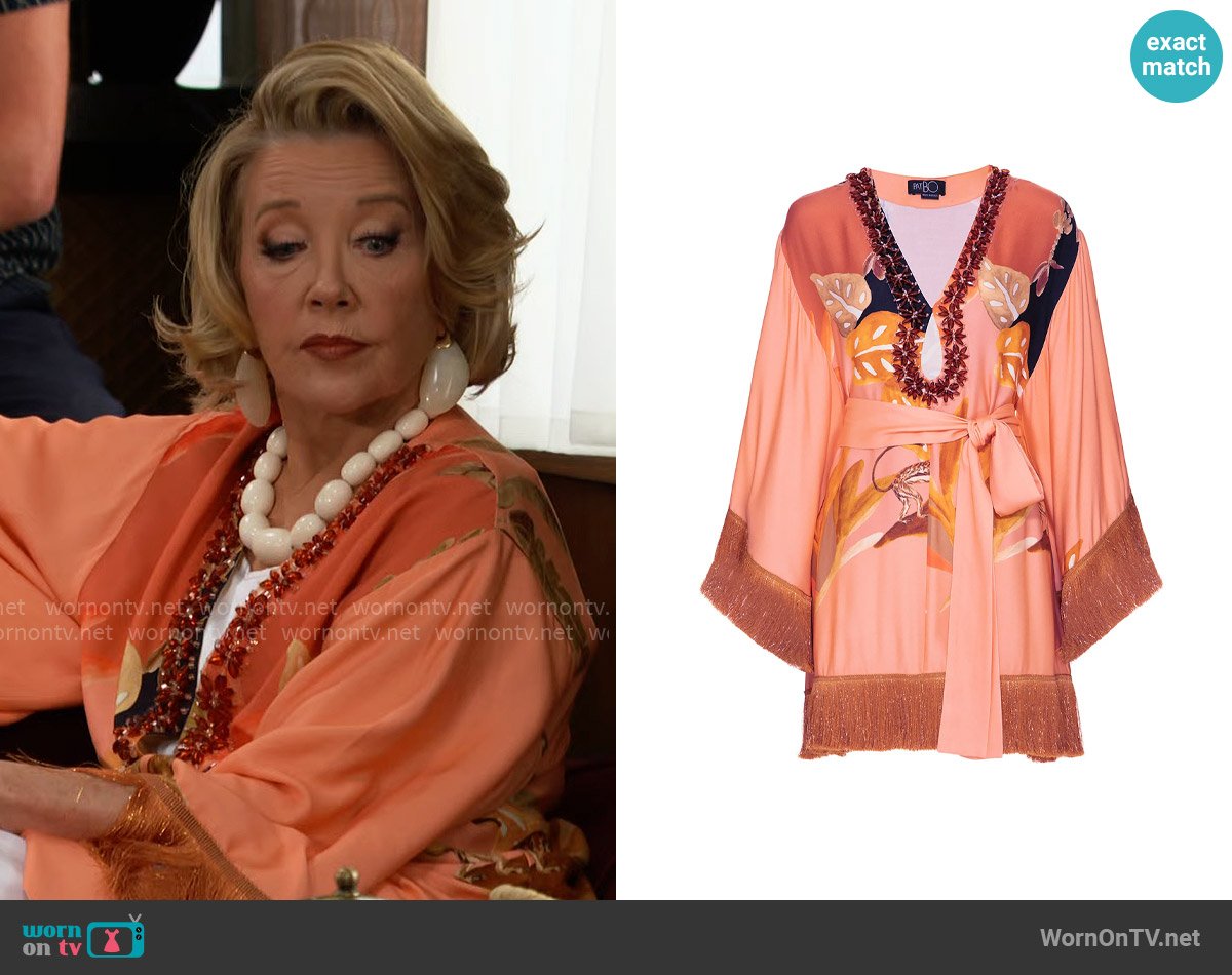 PatBo Bananier Embellished Printed Mini Caftan worn by Nikki Reed Newman (Melody Thomas-Scott) on The Young and the Restless