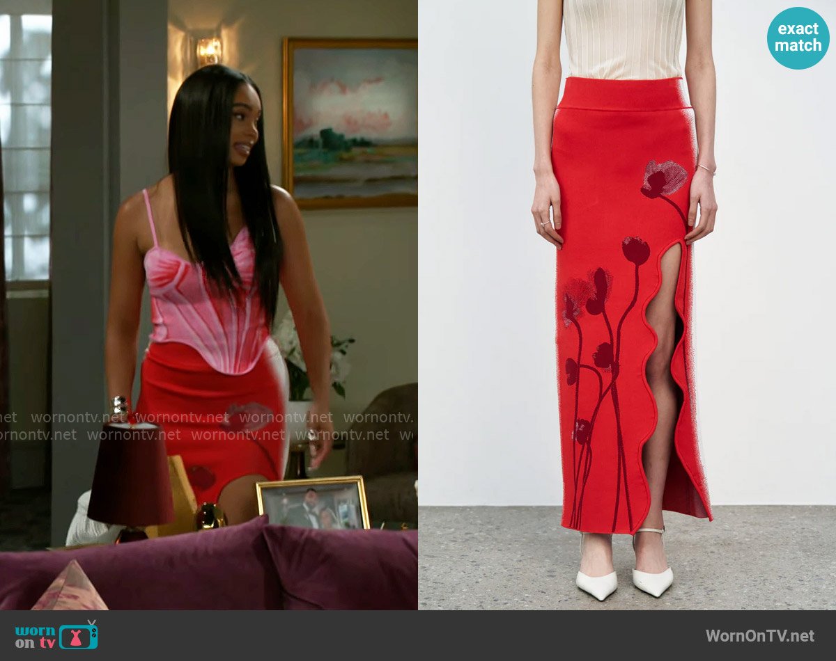 PH5 Lily Flower Print Wavy Midi Skirt worn by Chelsea Hamilton (RhonniRose Mantilla) on Beyond the Gates
