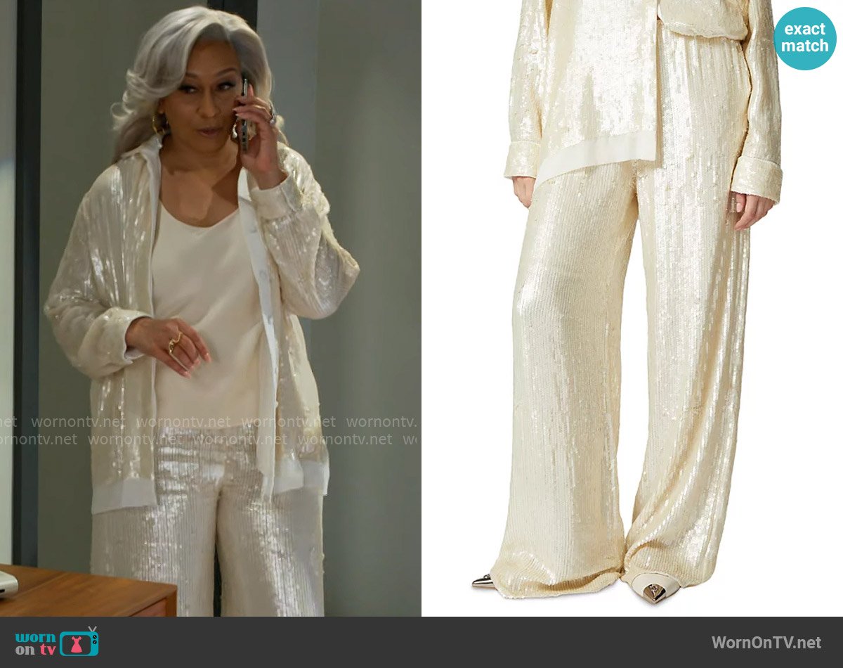 Pinko Tibullo Sequin Wide Leg Pants worn by Anita Dupree (Tamara Tunie) on Beyond the Gates
