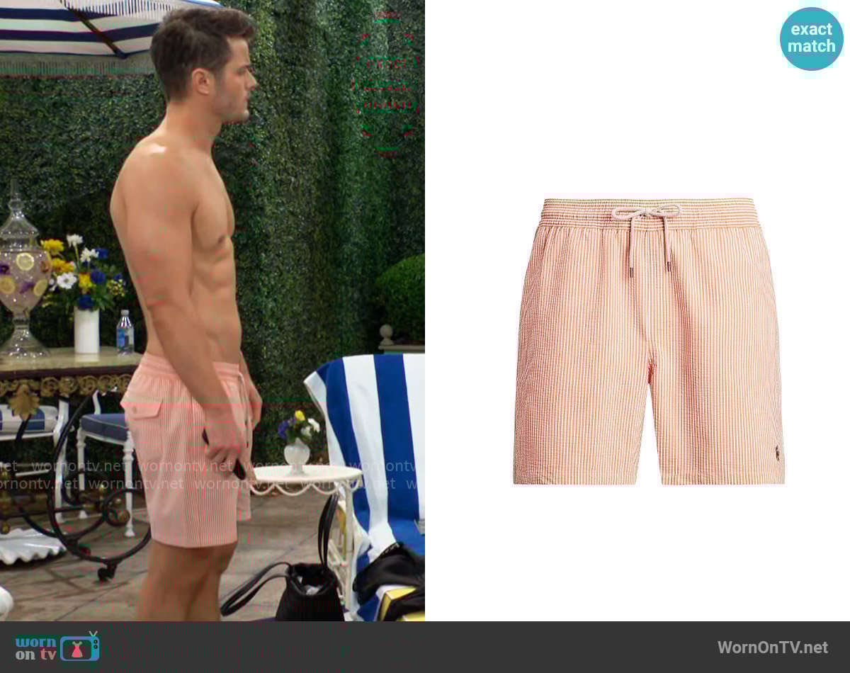 Polo Ralph Lauren Traveler Classic Swim Trunks in Classic Peach Seersucker worn by Kyle Abbott (Michael Mealor) on The Young and the Restless