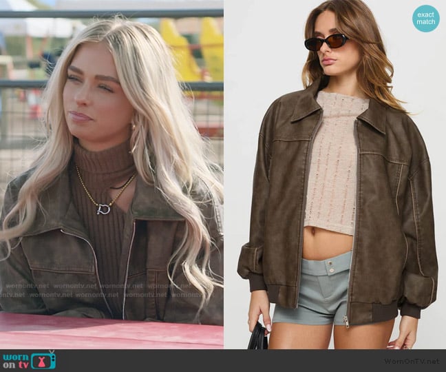 by Princess Polly faux leather bomber jacket washed dark brown worn by Miranda McWhorter on The Secret Lives of Mormon Wives