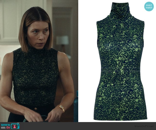 Proenza Schouler Abstract-print high-neck top worn by Chloe Taylor (Jessica Biel) on The Better Sister