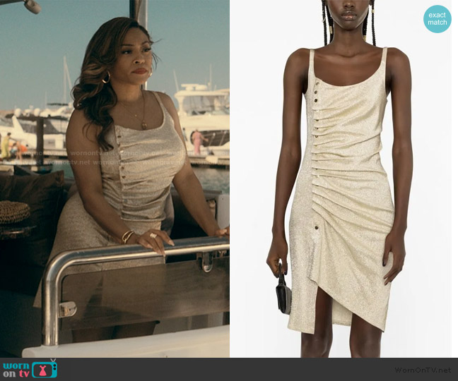 Rabanne Ruched sleeveless mini dress worn by Tracey (Tai Davis) on The Chi