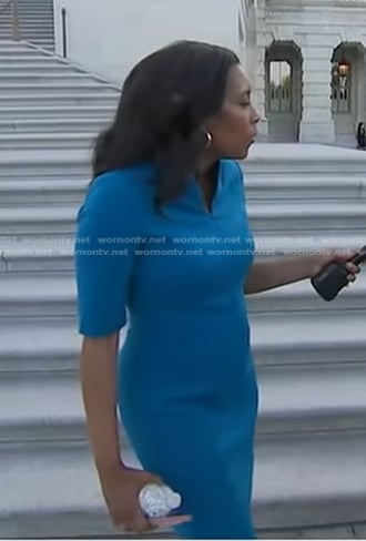 Rachel's teal stand collar dress on Good Morning America