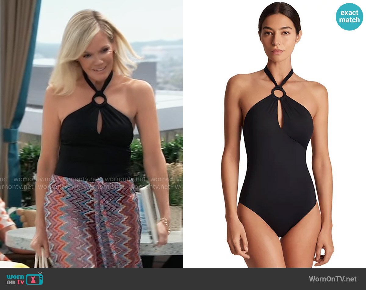 LAUREN Ralph Lauren Macrame-Ring High-Neck One-Piece Swimsuit worn by Ava Jerome (Maura West) on General Hospital