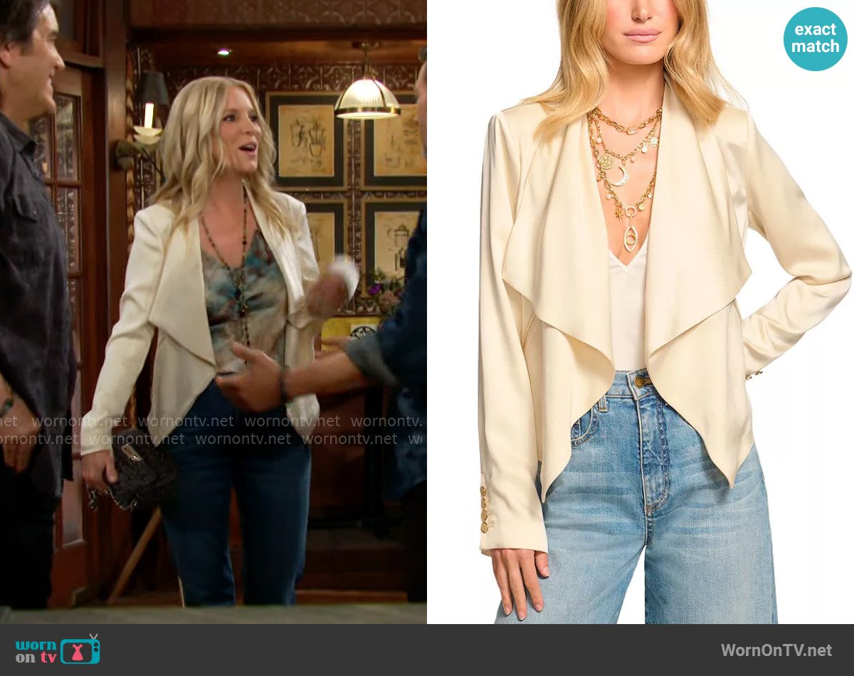 Ramy Brook Maleah Draped Jacket in Cream worn by Christine Blair Williams (Lauralee Bell) on The Young and the Restless