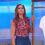 Rebecca’s pink print pleated top and denim skirt on Good Morning America