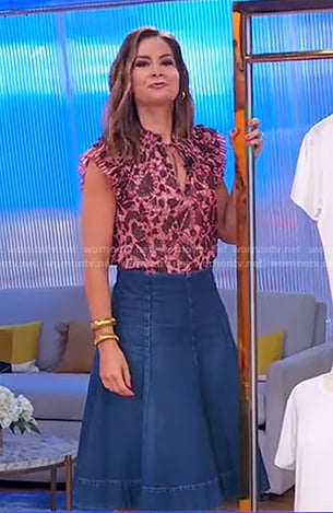 Rebecca’s pink print pleated top and denim skirt on Good Morning America