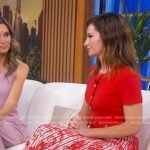 Rebecca’s red short sleeve cardigan and print skirt on Good Morning America