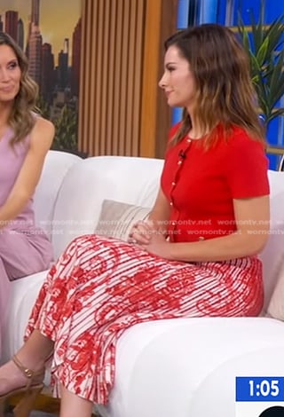 Rebecca’s red short sleeve cardigan and print skirt on Good Morning America