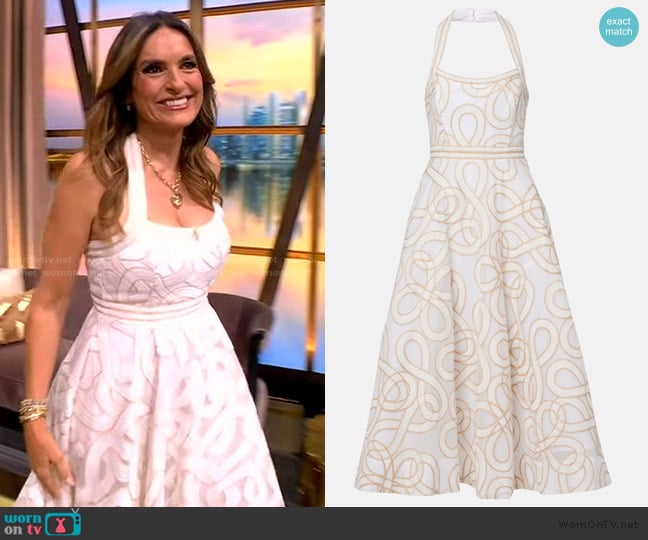 Rebecca Vallance Irena embroidered halterneck midi dress worn by Mariska Hargitay on The View