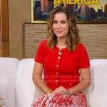 Rebecca’s red short sleeve cardigan and print skirt on Good Morning America