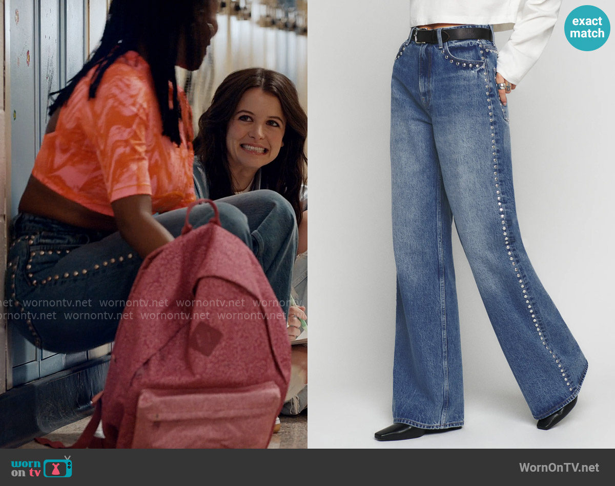 Reformation Cary High Rise Slouchy Wide Leg Jeans in Chesapeake Studded worn by Bracia Charles (Tameka Griffiths) on Ginny & Georgia