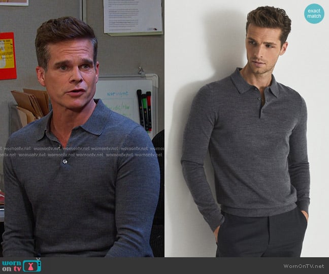  Trafford Merino Wool Polo Shirt in Mid Grey Melange worn by Leo Stark (Greg Rikaart) on Days of our Lives