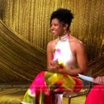Renee Elise Goldsberry’s floral print halter maxi dress on The View