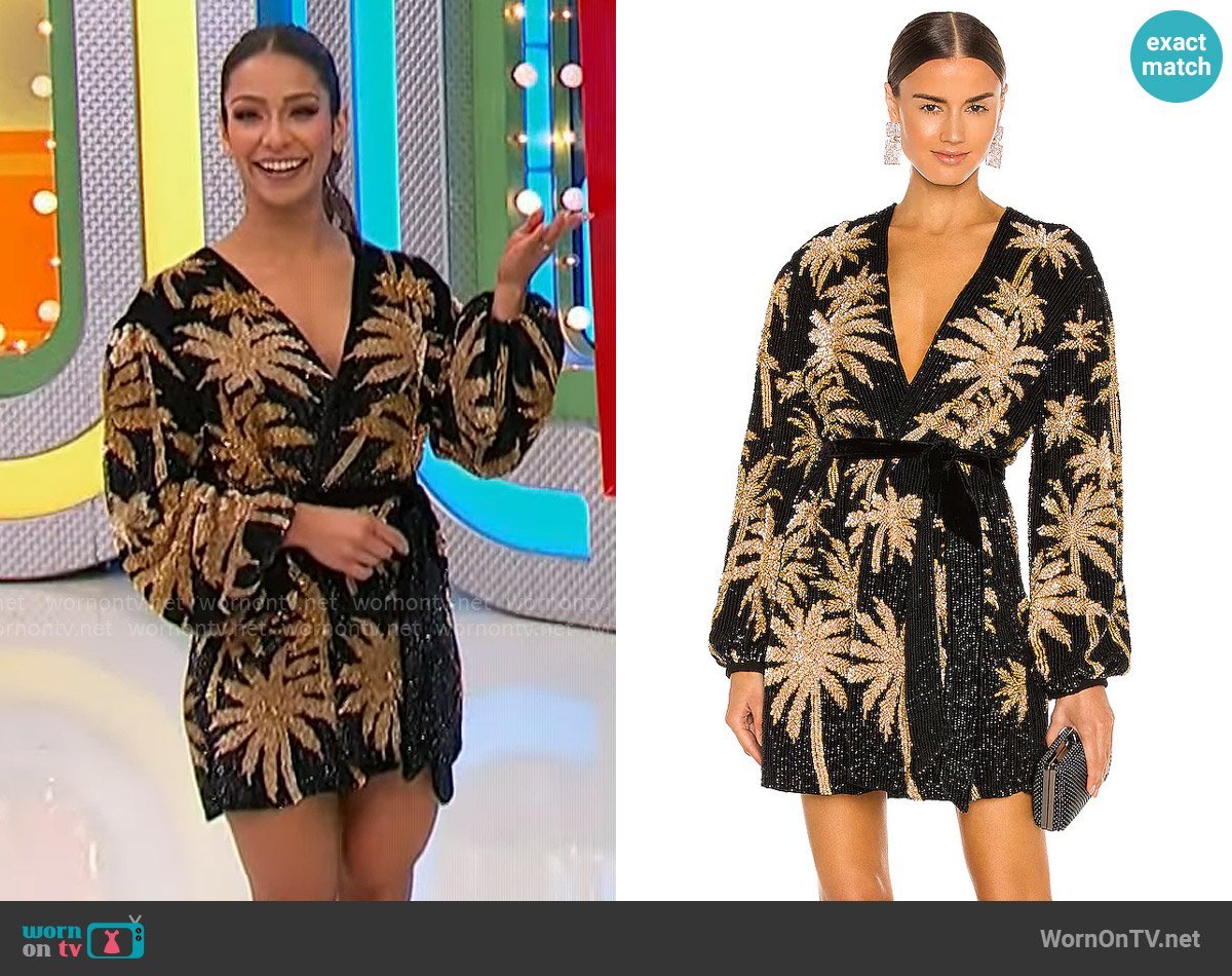 Retrofete Gabrielle Dress in Black & Gold Palm worn by Manuela Arbeláez on The Price is Right