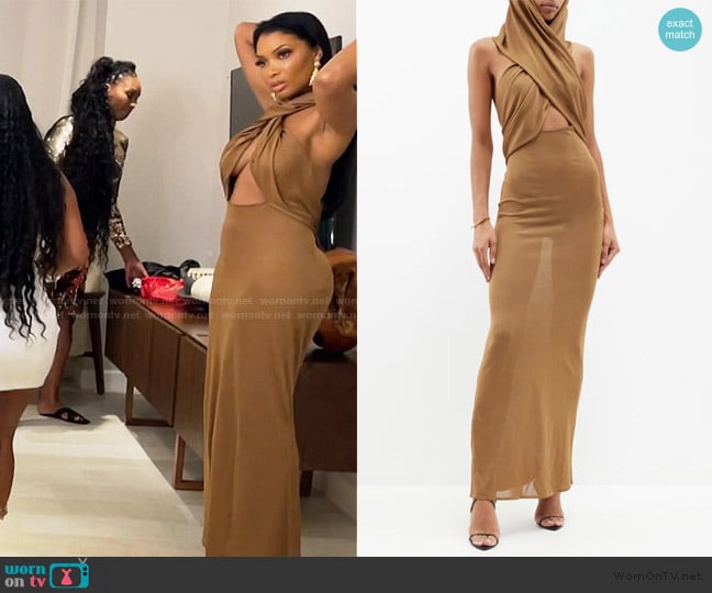 Saint Laurent Halterneck Hood Backless Jersey Gown worn by Brit Eady on The Real Housewives of Atlanta